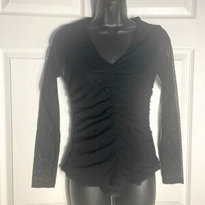 AUW Shirt Women S Black Lace‎ Ruched Detail Sheer Sleeves Long Sleeve Whimsigoth